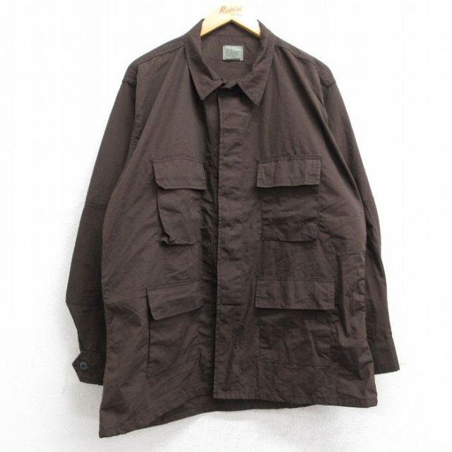 XL★古着 長袖 ミリタリー ジャケット メンズ リップストップ ロング丈 USA製 茶 ブラウン 25sep30 中古 アウター フライト