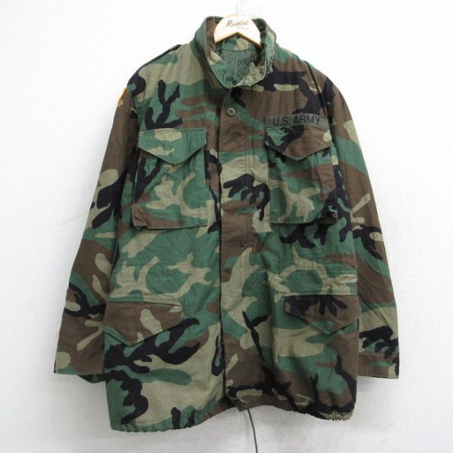 【20%OFF】L★古着 長袖 ミリタリー フィールド ジャケット メンズ 90年代 90s M-65 USアーミー ARMY ウッドランドカモ ロング丈 濃緑他 グリーン 迷彩 25sep30 中古 アウター フライト