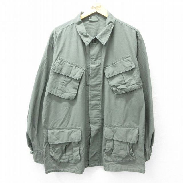 XL★古着 長袖 ミリタリー ジャケット メンズ リップストップ 大きいサイズ コットン 濃緑 グリーン 25oct01 中古 アウター フライト