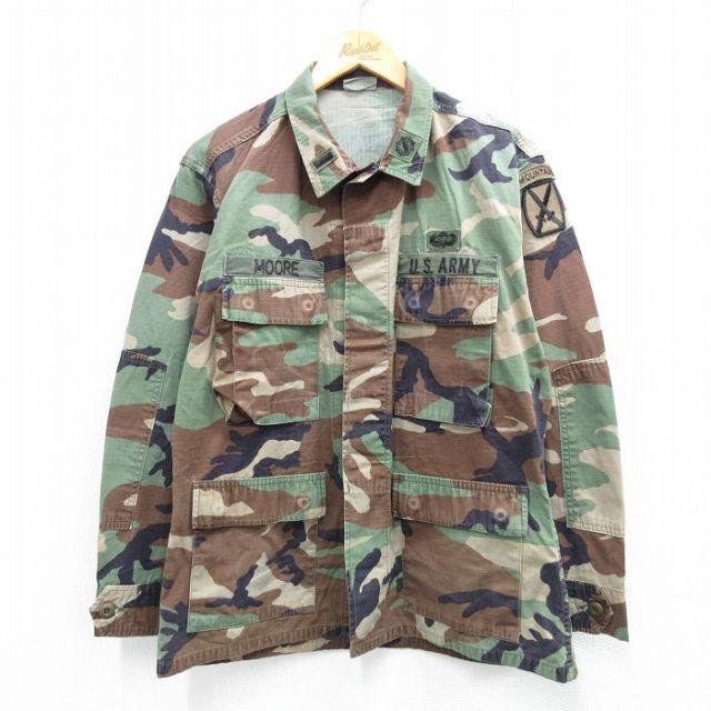 L★古着 長袖 ミリタリー ジャケット メンズ 90年代 90s コンバット ウッドランドカモ リップストップ USアーミー ARMY USA製 濃緑 グリーン 迷彩 25oct04 中古 アウター フライト