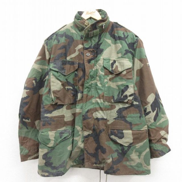 L★古着 長袖 ミリタリー フィールド ジャケット メンズ 80年代 80s M-65 ウッドランドカモ USA製 緑 グリーン 迷彩 25oct25 中古 アウター フライト