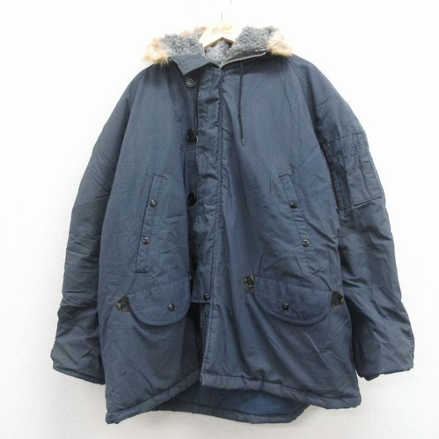 XL★古着 長袖 ミリタリー ジャケット メンズ 80年代 80s N-3B 大きいサイズ ロング丈 リアルファー ラグラン 紺 内側キルティング 25nov12