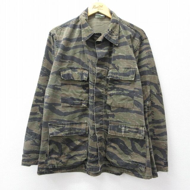 L★古着 長袖 ミリタリー ジャケット メンズ 90年代 90s コンバット タイガーカモ USA製 緑 迷彩 25nov21