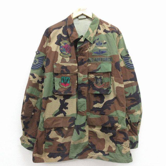 【20%OFF】XL★古着 長袖 ミリタリー ジャケット メンズ 90年代 90s コンバット リップストップ USエアフォース パラシュート部隊 ウッドランドカモ USA製 緑他 迷彩 25dec06