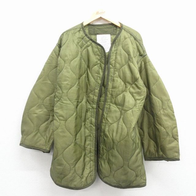 XL★古着 長袖 ミリタリー ライナー ジャケット メンズ 80年代 80s リップストップ 大きいサイズ ロング丈 緑 26jan07