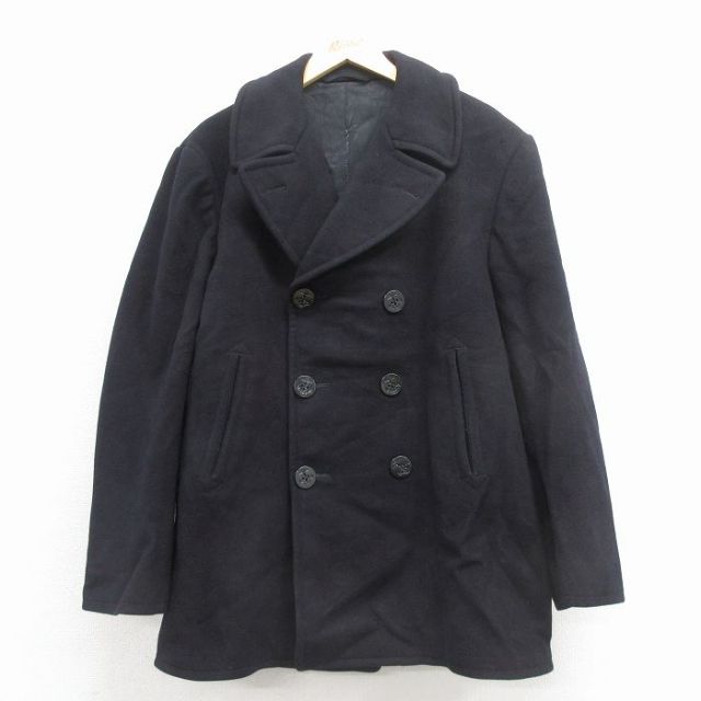L★古着 長袖 ビンテージ ミリタリー ピーコート Pコート メンズ 70年代 70s ロング丈 ウール USA製 黒 26jan17