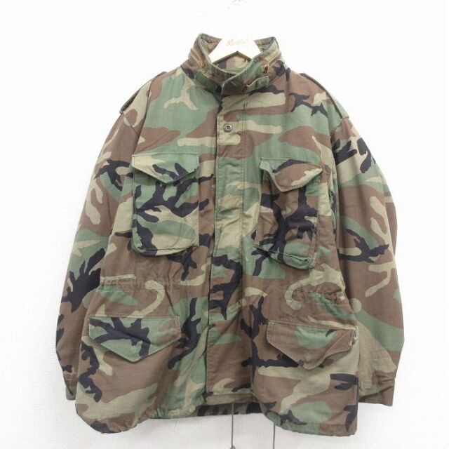 XL★古着 長袖 ミリタリー フィールド ジャケット メンズ 80年代 80s M-65 ライナー付き 大きいサイズ ウッドランドカモ USA製 緑 迷彩 26jan23