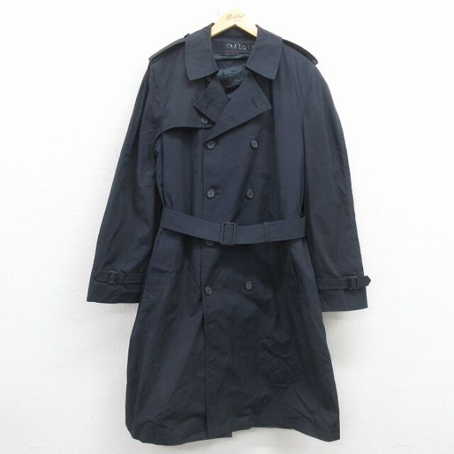 XL★古着 長袖 ミリタリー トレンチ コート メンズ 80年代 80s ロング丈 USA製 紺 26mar09