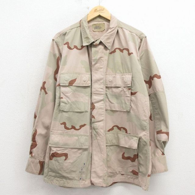 L★古着 長袖 ミリタリー ジャケット メンズ 90年代 90s コンバット リップストップ デザートカモ USA製 ベージュ他 迷彩 26mar13