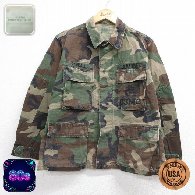 長袖 ミリタリー ジャケット 80s USMC コンバット リップストップ ウッドランドカモ コットン USA製 カーキ 迷彩 メンズL相当 | 古着
