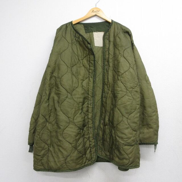XL★古着 長袖 ミリタリー ナイロン ライナー ジャケット メンズ 80年代 80s リップストップ 大きいサイズ ロング丈 USA製 カーキ 26aug10