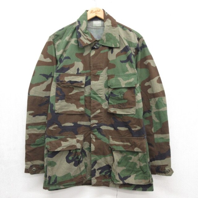 US ARMY 長袖ミリタリージャケット USMC ウッドランド柄 グリーン メンズL相当 | 古着