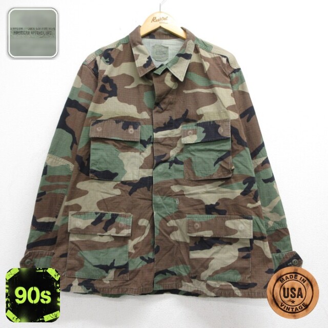 長袖 ミリタリー ジャケット 90s コンバット ウッドランドカモ BDU リップストップ USA製 カーキ 迷彩 メンズXL相当 | 古着