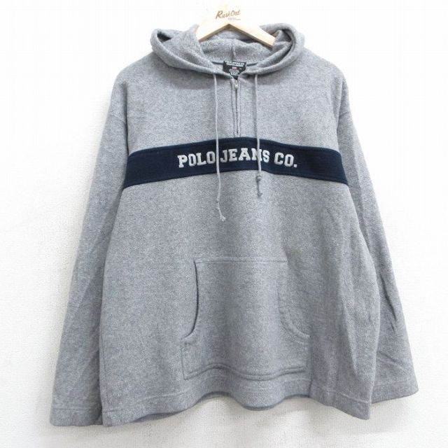 【50%OFF】L★古着 ラルフローレン Ralph Lauren ポロジーンズ 長袖 ハーフジップ フリース ジャケット パーカー メンズ 00年代 00s ビッグロゴ グレー 【spe】 25jan23 中古 アウター