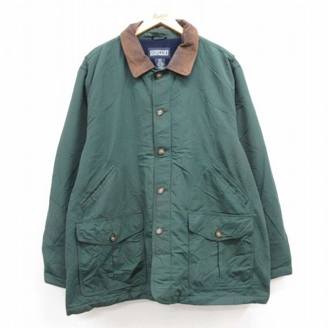 【50%OFF】XL★古着 ランズエンド 長袖 ナイロン ジャケット メンズ 00年代 00s　ロング丈 襟レザー 緑他 グリーン 内側フリース 25jan24 中古 アウター