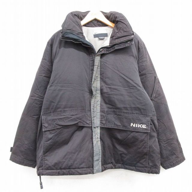 【50%OFF】XL★古着 ナイキ NIKE 長袖 ダウン ジャケット メンズ ワンポイントロゴ リフレクター 大きいサイズ コットン 黒他 ブラック 内側フリース 【spe】 25jan27 中古 アウター
