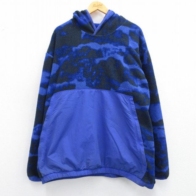XL★古着 アディダス adidas 長袖 フリース ジャケット パーカー メンズ ワンポイントロゴ リーフ トレフォイル 大きいサイズ 青他 ブルー 迷彩 25feb04 中古 アウター