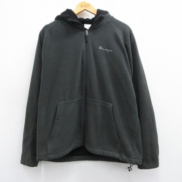 【50%OFF】L★古着 チャンピオン champion 長袖 フリース ジャケット パーカー メンズ ワンポイントロゴ ラグラン 濃緑 グリーン 25feb04 中古 アウター