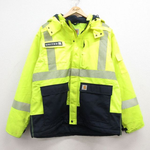 XL★古着 カーハート Carhartt 長袖 ジャケット パーカー メンズ リフレクター 大きいサイズ 黄緑他 内側キルティング 25feb05 中古 アウター