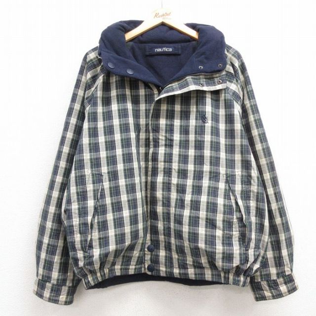 L★古着 ノーティカ NAUTICA 長袖 ブランド ジャケット メンズ 90年代 90s ワンポイントロゴ リバーシブル ラグラン 緑他 グリーン チェック 内側フリース 25feb05 中古 アウター