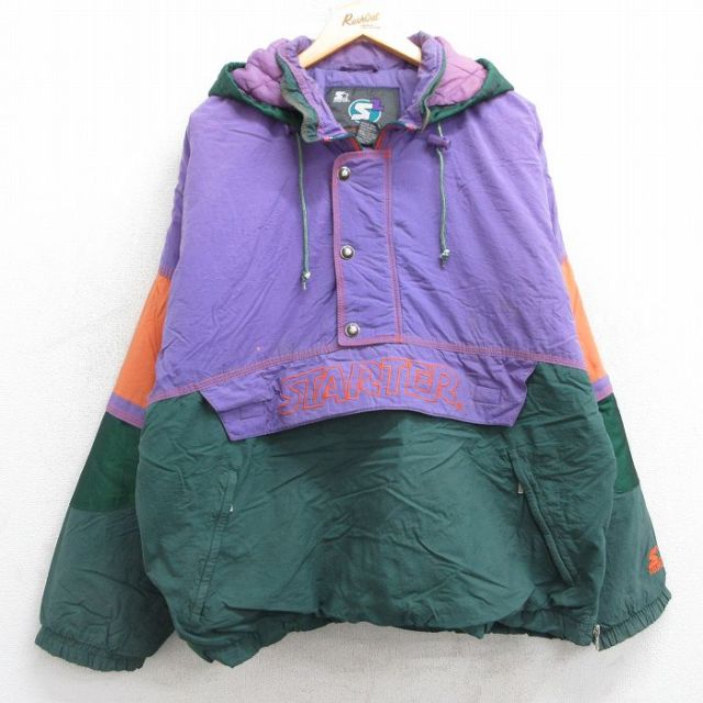XL★古着 スターター STARTER 長袖 ナイロン ジャケット アノラック パーカー メンズ 90年代 90s ビッグロゴ 緑他 グリーン 内側キルティング 【spe】 25feb06 中古 アウター