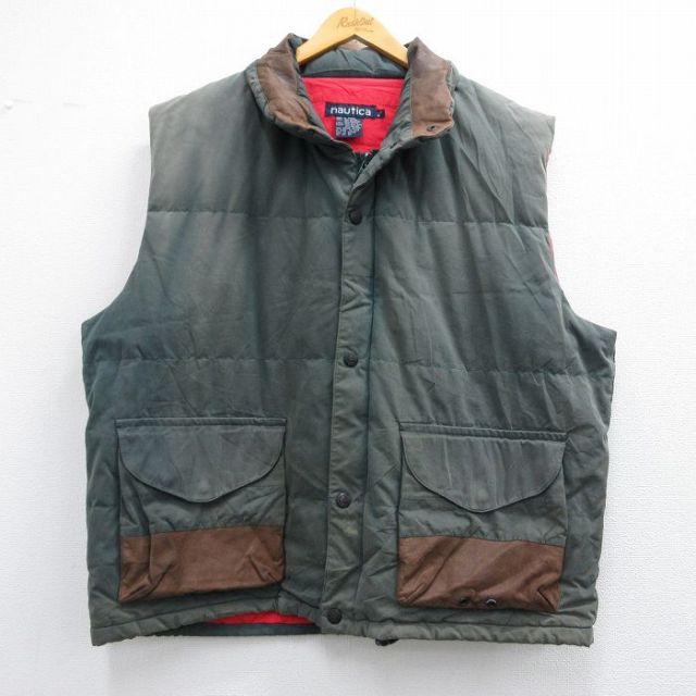XL★古着 ノーティカ NAUTICA ブランド ダウン ベスト メンズ 90年代 90s 大きいサイズ 襟レザー 緑 グリーン 25feb07 中古 アウター