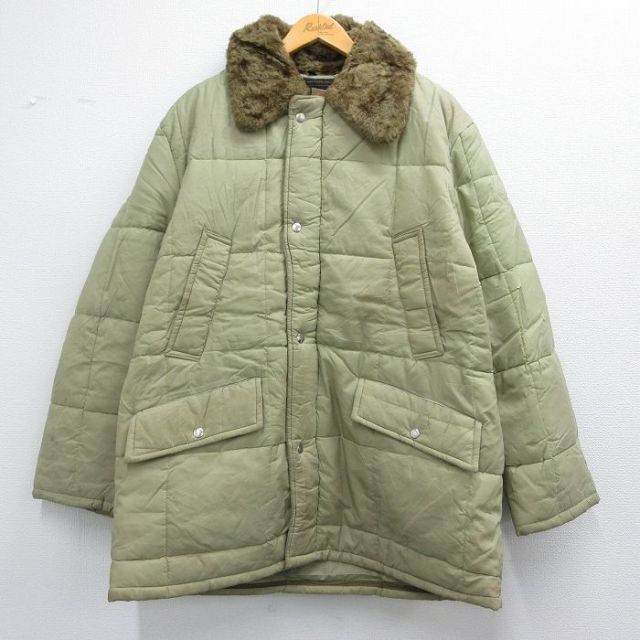 【50%OFF】L★古着 JCペニー 長袖 キルティング ナイロン ジャケット パーカー メンズ 80年代 80s ロング丈 緑系 グリーン フード内側ファー 25feb07 中古 アウター