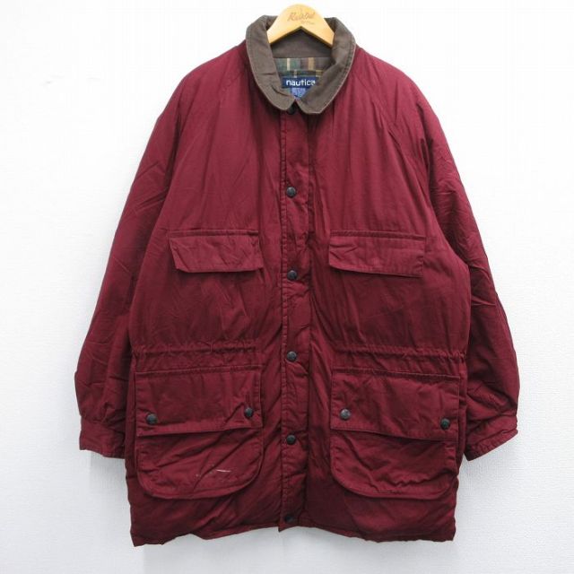 【50%OFF】XL★古着 ノーティカ NAUTICA 長袖 ブランド ダウン ジャケット メンズ 90年代 90s ロング丈 コットン 襟レザー エンジ 25feb07 中古 アウター