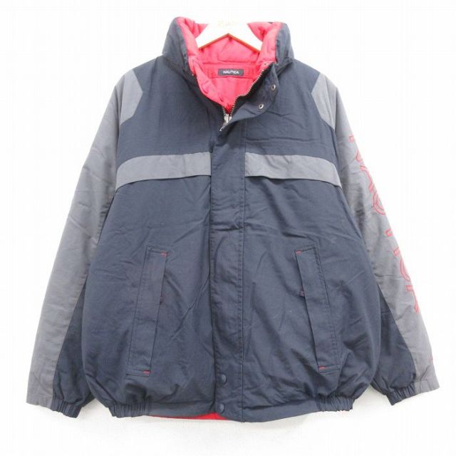 XL★古着 ノーティカ NAUTICA 長袖 ブランド ナイロン ダウン ジャケット メンズ ビッグロゴ 刺繍 リバーシブル ラグラン グレー他 25feb07 中古 アウター