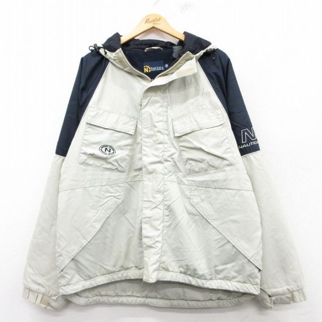 XL★古着 ノーティカ NAUTICA 長袖 ブランド ナイロン ジャケット パーカー メンズ ワンポイントロゴ ラグラン 薄ベージュ他 カーキ 内側フリース 25feb07 中古 アウター