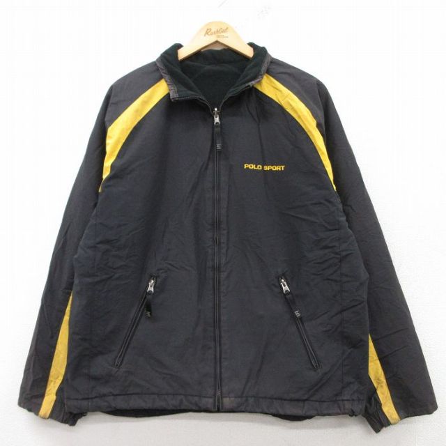 L★古着 ラルフローレン Ralph Lauren ポロスポーツ 長袖 ブランド ジャケット メンズ ワンポイントロゴ ラグラン リバーシブル 黒他 ブラック 内側フリース 25feb07 中古 アウター