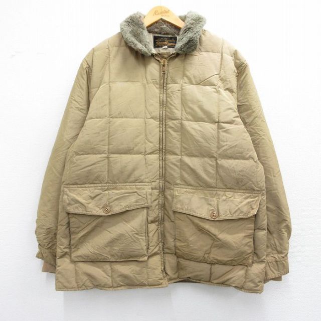 XL★古着 エディーバウアー 長袖 キルティング ダウン ジャケット メンズ 70年代 70s タロン 襟ボア ベージュ カーキ 【spe】 25feb14 中古 アウター