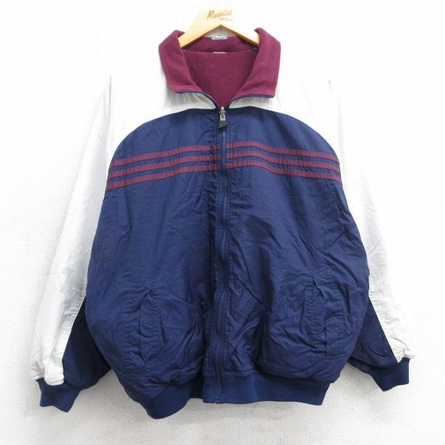 XL★古着 アディダス adidas 長袖 ナイロン ジャケット メンズ 90年代 90s ビッグロゴ リバーシブル 紺他 ネイビー 内側フリース 25feb15 中古 アウター