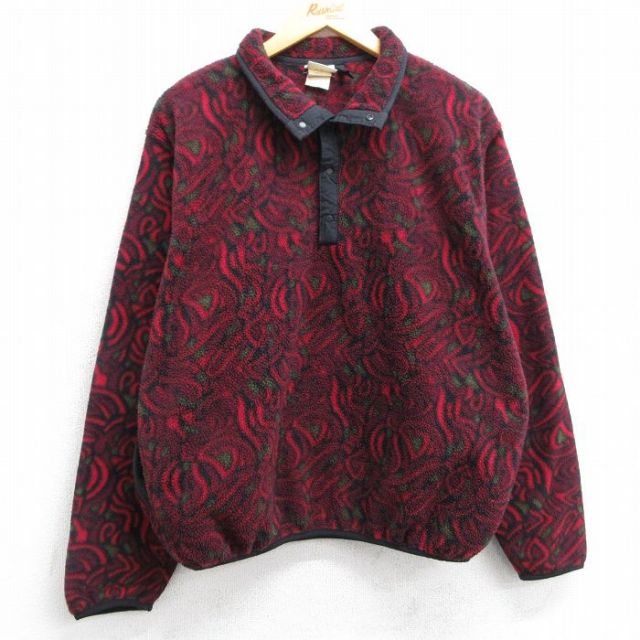 L★古着 エルエルビーン LLBEAN 長袖 フリース ジャケット メンズ 80年代 80s 総柄 スナップT USA製 エンジ系他 【spe】 25feb18 中古 アウター
