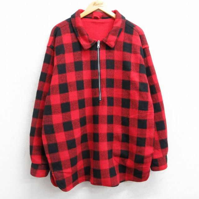 【50%OFF】L★古着 マルボロ 長袖 ハーフジップ フリース ジャケット メンズ 90年代 90s リバーシブル ロング丈 赤他 レッド バッファロー チェック 25feb18 中古 アウター