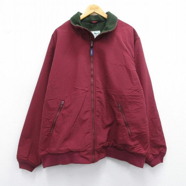 XL★古着 エルエルビーン LLBEAN 長袖 ナイロン ジャケット メンズ 90年代 90s ワンポイントロゴ 大きいサイズ エンジ 内側フリース 【spe】 25feb18 中古 アウター