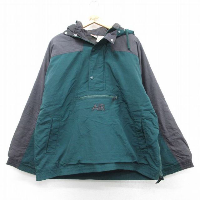 XL★古着 ナイキ NIKE 長袖 ハーフジップ ナイロン ジャケット パーカー メンズ 90年代 90s ビッグロゴ 大きいサイズ 緑他 グリーン 内側キルティング 25feb20 中古 アウター
