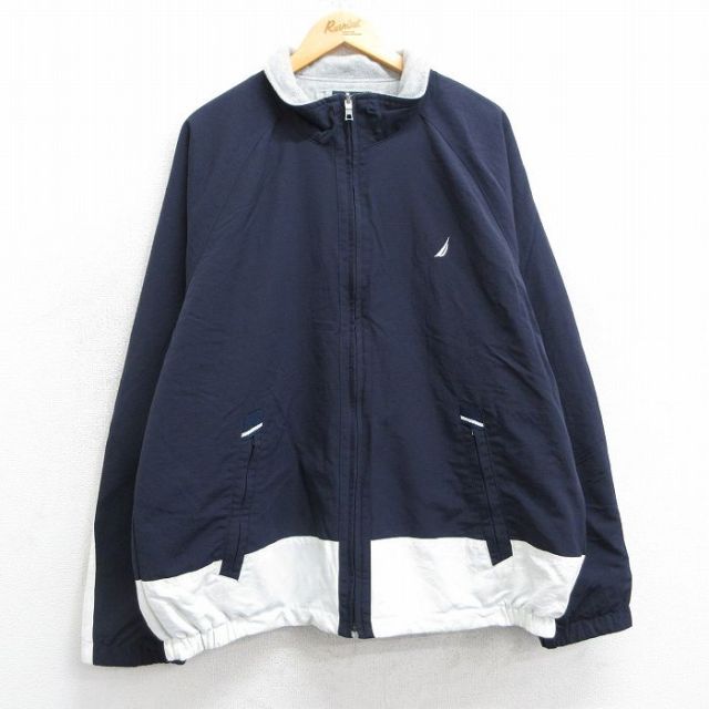 XL★古着 ノーティカ NAUTICA 長袖 ブランド ナイロン ジャケット メンズ ビッグロゴ リバーシブル ラグラン 紺他 ネイビー 内側フリース 25feb21 中古 アウター