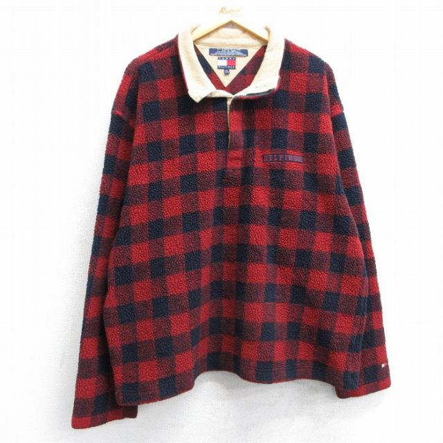 【50%OFF】XL★古着 トミーヒルフィガー TOMMY HILFIGER 長袖 ブランド フリース ジャケット メンズ 90年代 90s ワンポイントロゴ 赤他 レッド バッファロー チェック 25feb22 中古 アウター