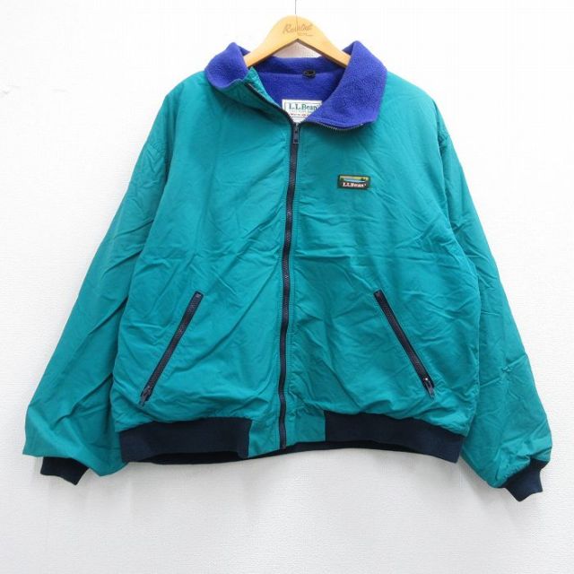 XL★古着 エルエルビーン LLBEAN 長袖 ナイロン ウォームアップ ジャケット メンズ 80年代 80s ワンポイントロゴ 緑他 グリーン 内側フリース 【spe】 25feb27 中古 アウター