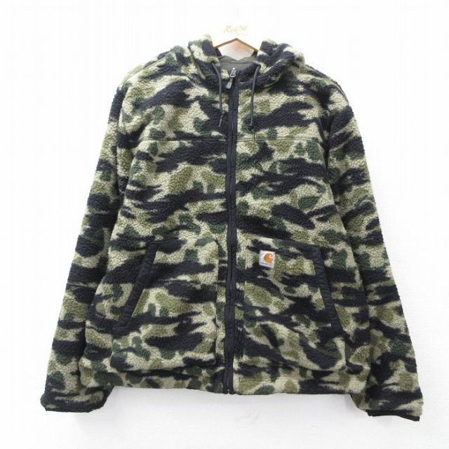 L★古着 カーハート Carhartt 長袖 フリース ジャケット パーカー メンズ リバーシブル 濃緑他 グリーン 迷彩 【spe】 25sep04 中古 アウター