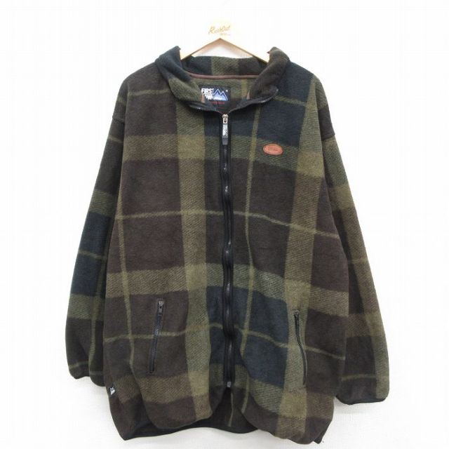 XL★古着 ファーストダウン 長袖 フリース ジャケット メンズ ロング丈 緑他 グリーン チェック 25sep25 中古 アウター