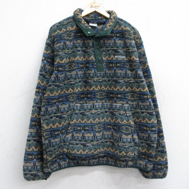 XL★古着 コロンビア COLUMBIA 長袖 フリース ジャケット メンズ ネイティブ柄 ラグ柄 スナップT 濃緑他 グリーン 25sep26 中古 アウター