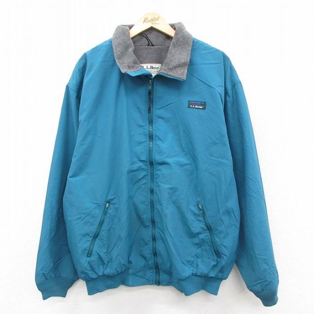 XL★古着 エルエルビーン LLBEAN 長袖 ナイロン ジャケット メンズ 90年代 90s ワンポイントロゴ 大きいサイズ 青緑 裾両サイドポケット有り 25sep29 中古 アウター