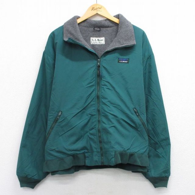 XL★古着 エルエルビーン LLBEAN 長袖 ナイロン ウォームアップ ジャケット メンズ 90年代 90s ワンポイントロゴ 大きいサイズ 緑 グリーン 内側フリース 【spe】 25sep30 中古 アウター
