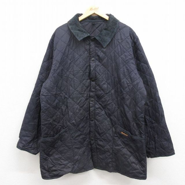 XL★古着 バブアー 長袖 キルティング ジャケット メンズ ロング丈 襟コーデュロイ 紺 ネイビー 25sep30 中古 アウター