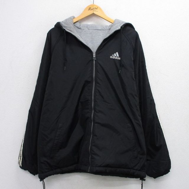 XL★古着 アディダス adidas 長袖 ナイロン ジャケット パーカー メンズ 90年代 90s ビッグロゴ ラグラン リバーシブル 黒 ブラック 3本ライン 25oct01 中古 アウター