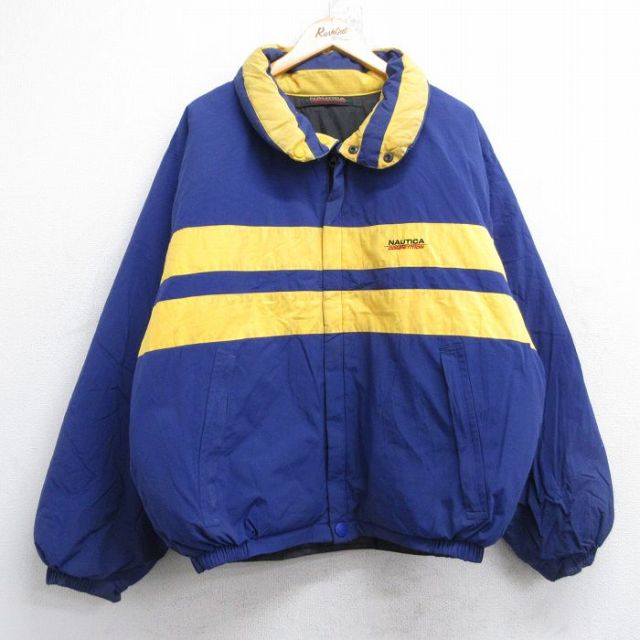 XL★古着 ノーティカ NAUTICA 長袖 ブランド ナイロン ダウン ジャケット メンズ ワンポイントロゴ リバーシブル 青 ブルー 【spe】 25oct01 中古 アウター