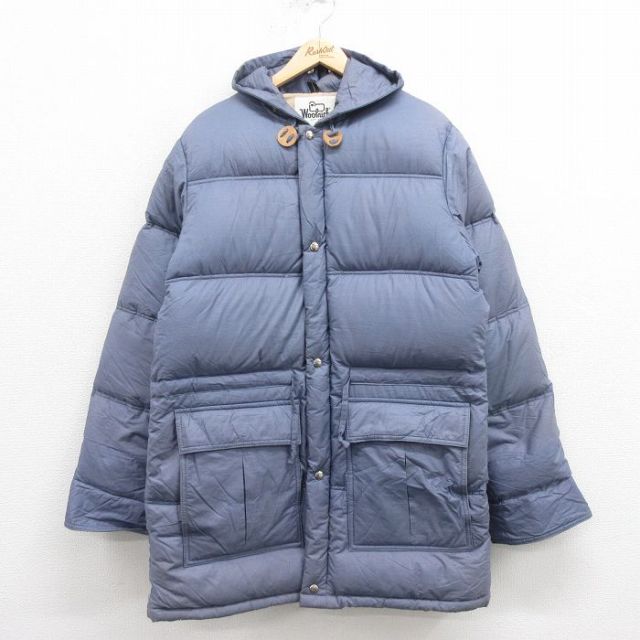 L★古着 ウールリッチ WOOLRICH 長袖 ダウン ジャケット パーカー メンズ 80年代 80s ロング丈 薄紺 ネイビー 25oct02 中古 アウター