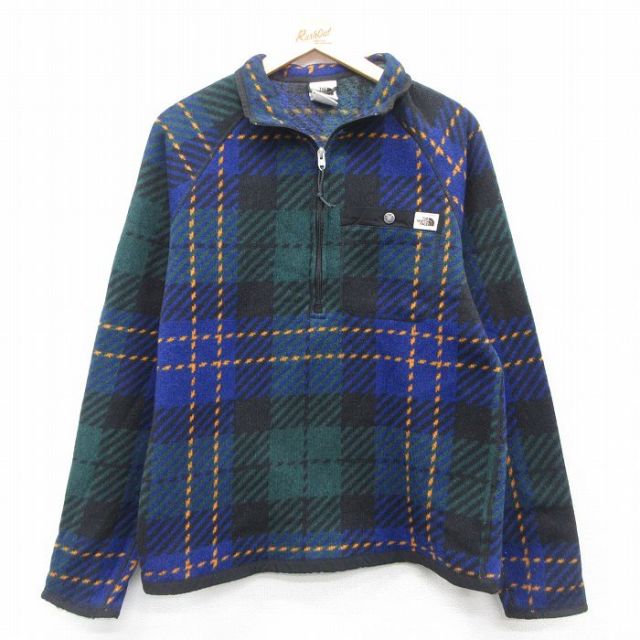 M★古着 ノースフェイス THE NORTH FACE 長袖 ハーフジップ フリース ジャケット メンズ ラグラン 紺他 ネイビー チェック 【spe】 25oct04 中古 アウター